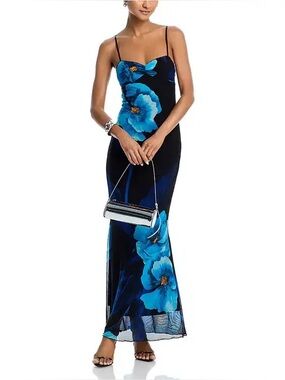 Aqua Black Maxi Slip Dress with Blue Floral Print - XXL